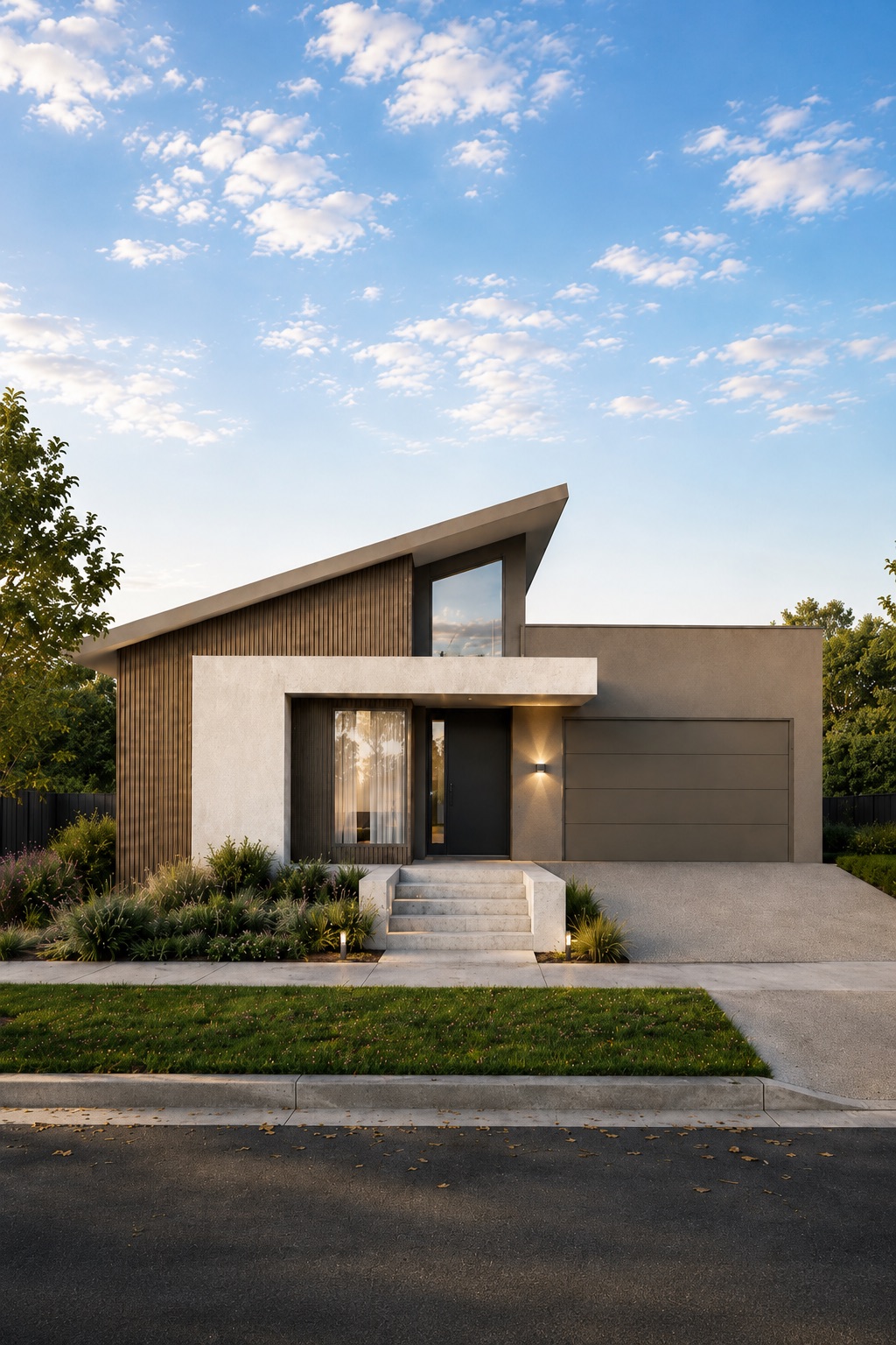 Home facade with vertical timber cladding and a raking roofline