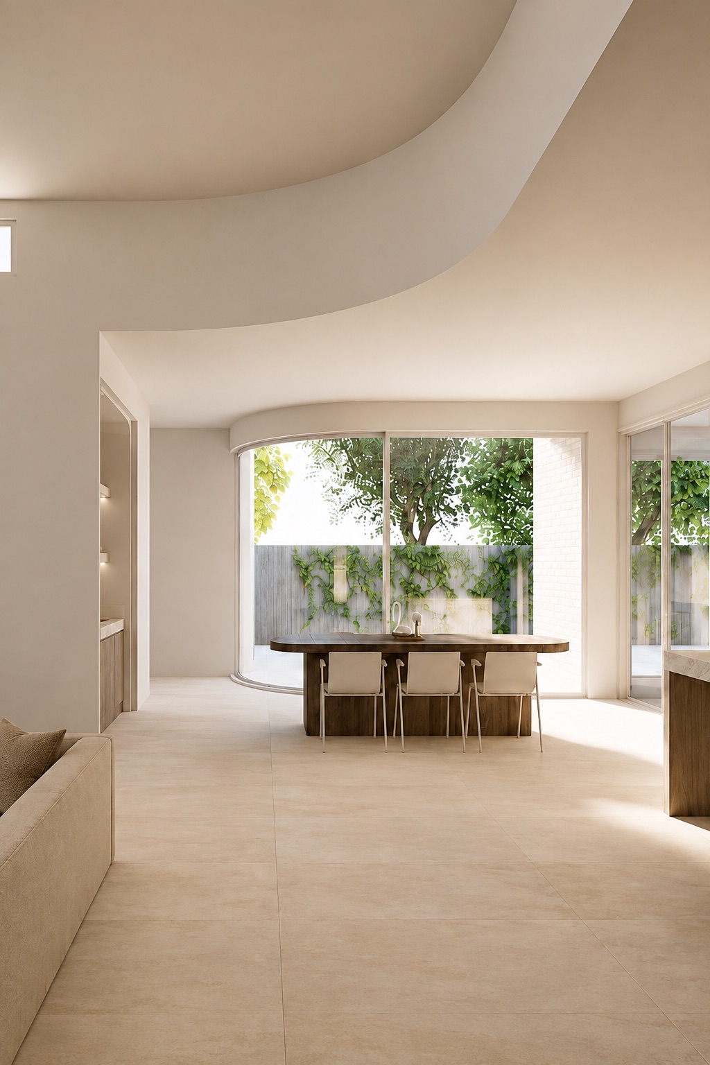 Open-plan living and dining space with a curved ceiling and garden outlook