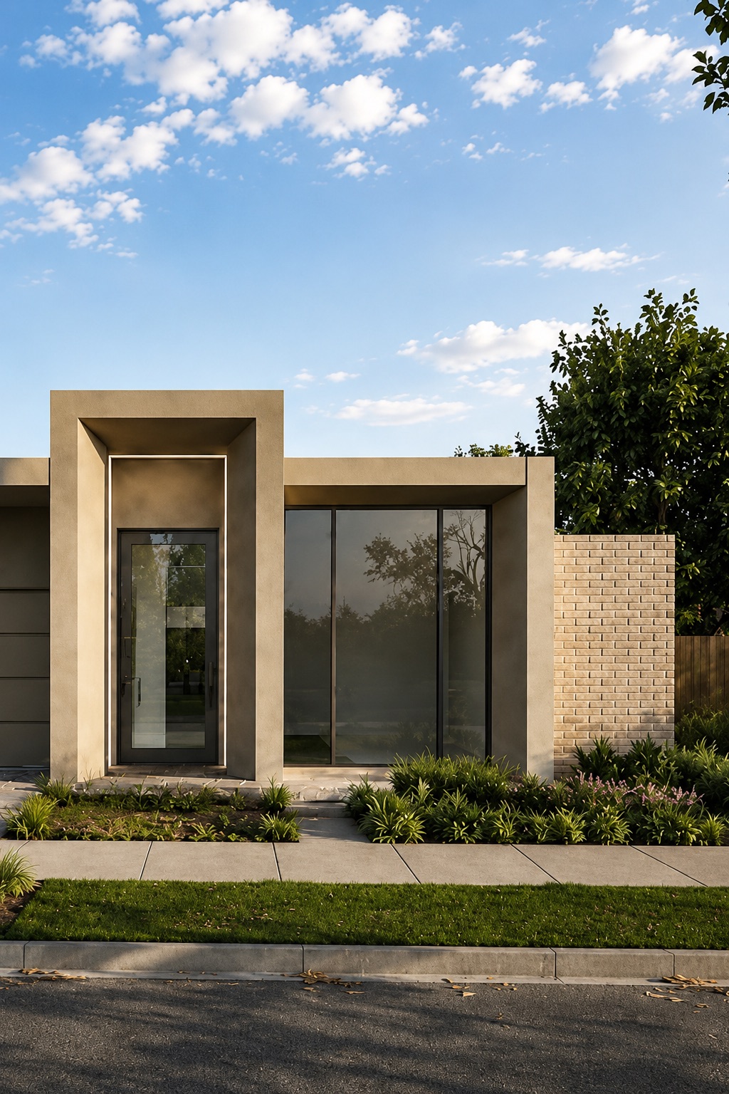 Rendered and brick entry with a full-height glazed door